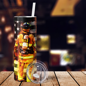 Personalized American Flag with Firefighter and Badge 20oz Skinny Tumbler