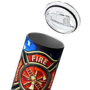 Personalized Firefighter Badge with American Flag Background 20oz Skinny Tumbler