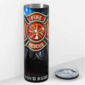 Personalized Firefighter Badge with American Flag Background 20oz Skinny Tumbler