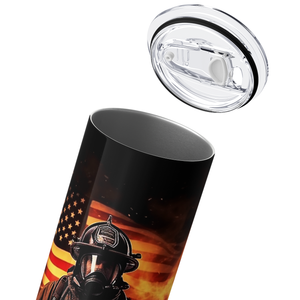 Personalized Firefighter with Flag Fire Background 20oz Skinny Tumbler