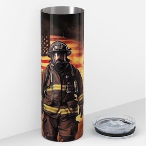 Personalized Firefighter with Flag Fire Background 20oz Skinny Tumbler