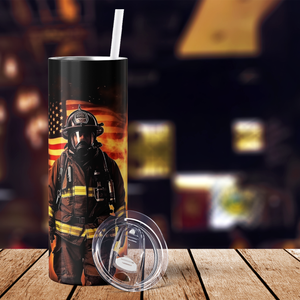 Personalized Firefighter with Flag Fire Background 20oz Skinny Tumbler