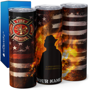 Personalized Firefighter Back with Flag and Fire 20oz Skinny Tumbler