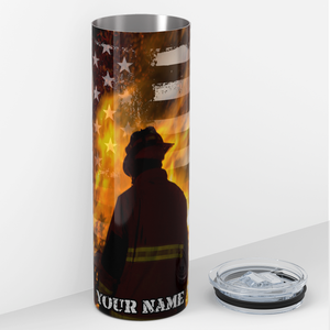 Personalized Firefighter Back with Flag and Fire 20oz Skinny Tumbler