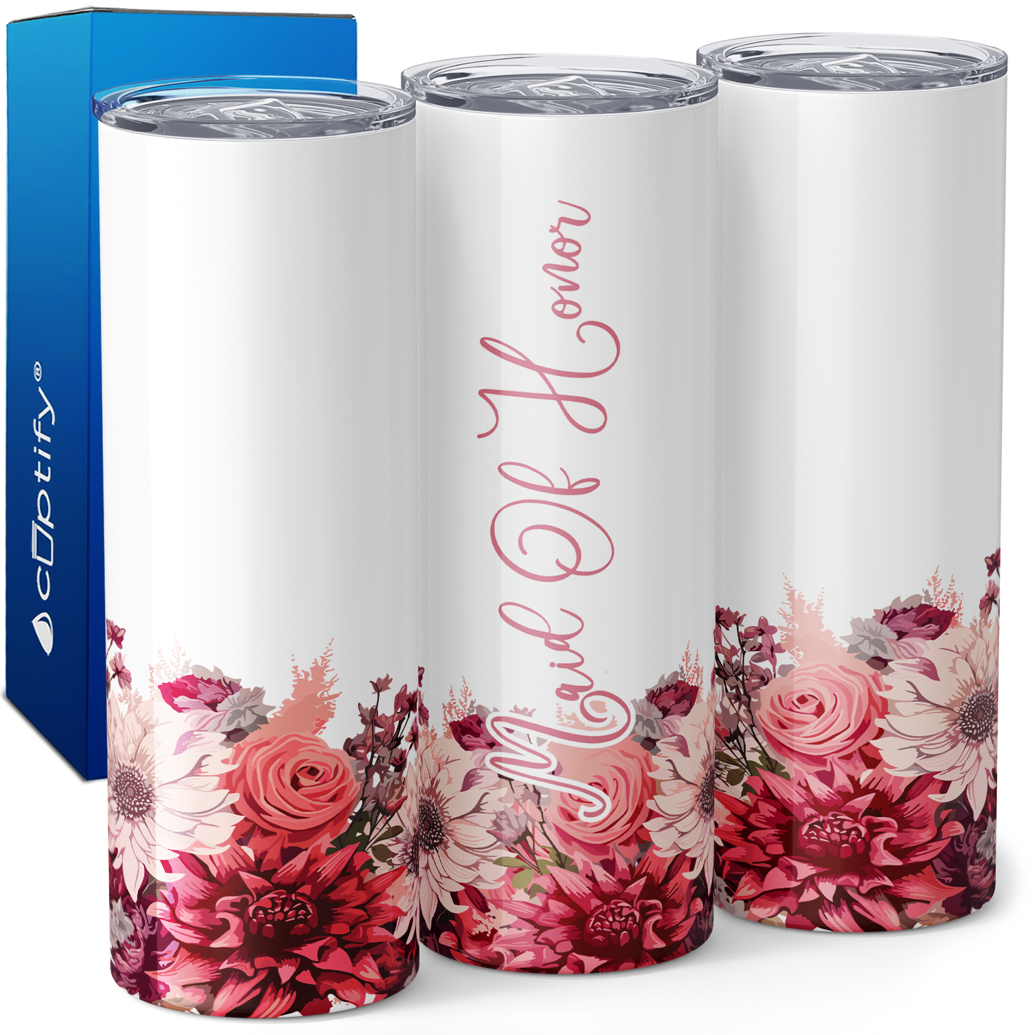 Maid of Honor on Pink Flowers 20oz Skinny Tumbler