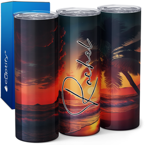 Personalized Beach Sunset with Palm Tree 20oz Skinny Tumbler