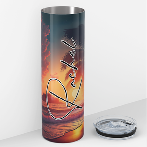 Personalized Beach Sunset with Palm Tree 20oz Skinny Tumbler