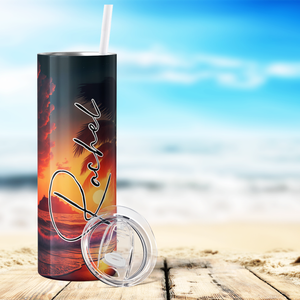 Personalized Beach Sunset with Palm Tree 20oz Skinny Tumbler