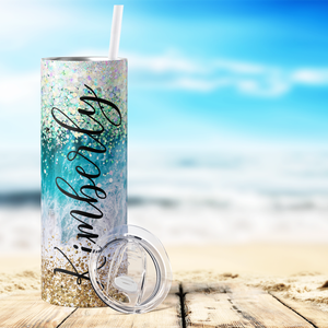 Personalized Beach with Glitters and Sequins 20oz Skinny Tumbler