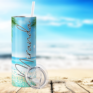 Personalized Beach with Palm Trees and Glitters 20oz Skinny Tumbler