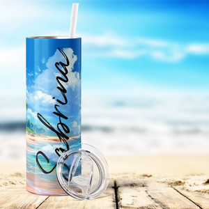 Personalized Beach with Palm Trees Painting 20oz Skinny Tumbler