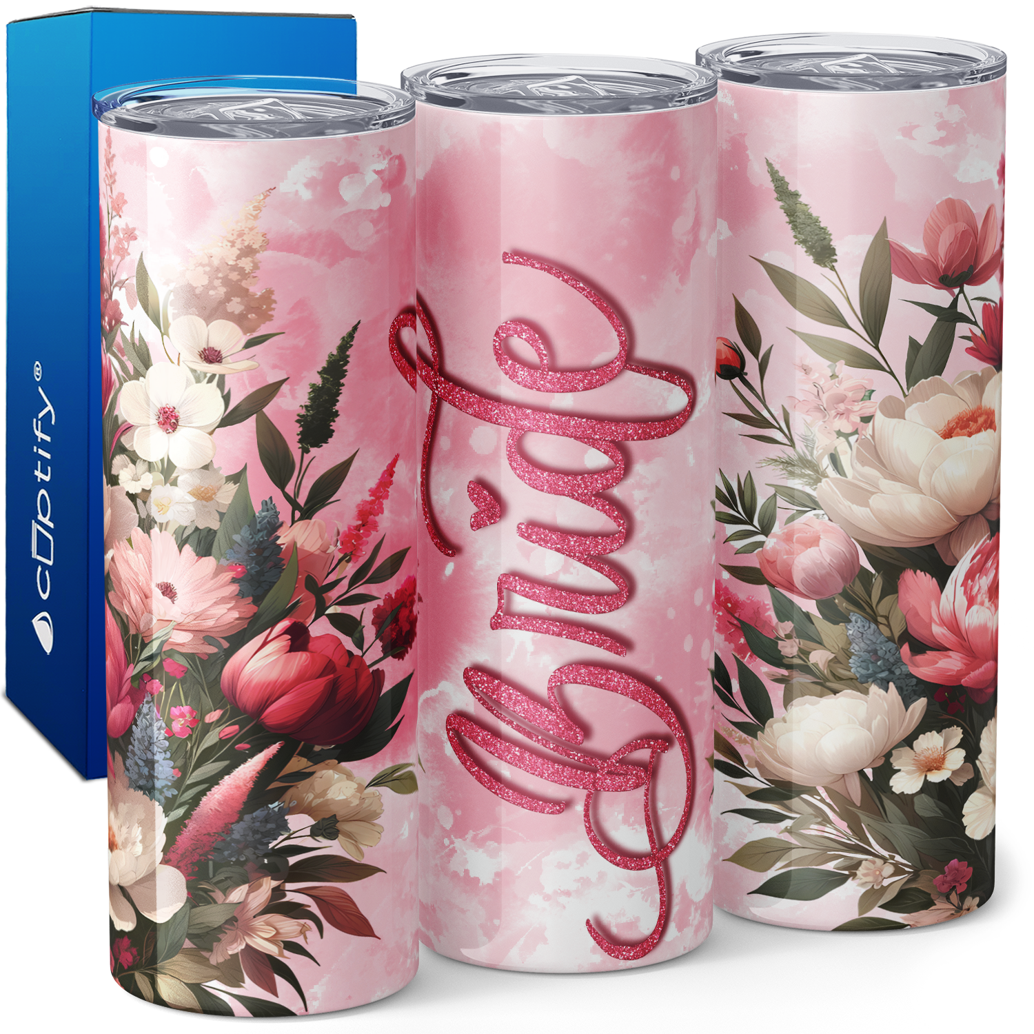 Bride Pink Glitter Florals 20oz Skinny Tumbler