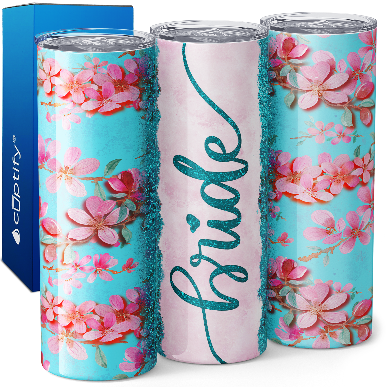 Bride Teal Glitter Florals 20oz Skinny Tumbler