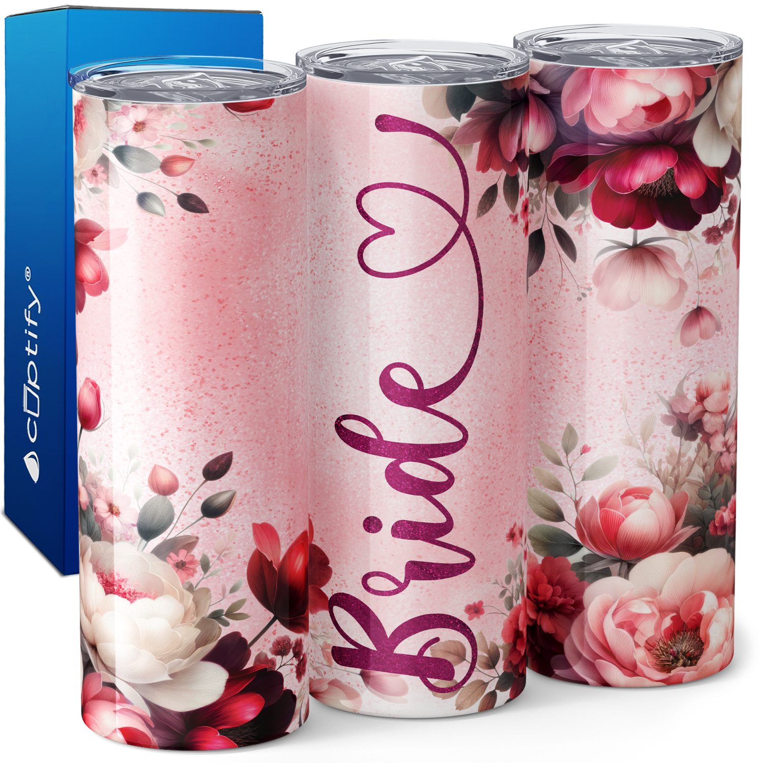 Pink Glitter Bride with Florals 20oz Skinny Tumbler