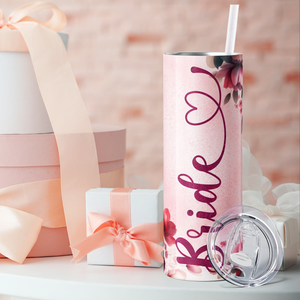 Pink Glitter Bride with Florals 20oz Skinny Tumbler