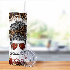 Football Wife Messy Bun Leopard Print 20oz Skinny Tumbler