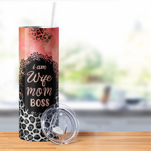 I am Wife Mom Boss Leopard Print 20oz Skinny Tumbler