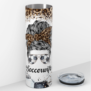 Soccer Wife Messy Bun Leopard Print 20oz Skinny Tumbler