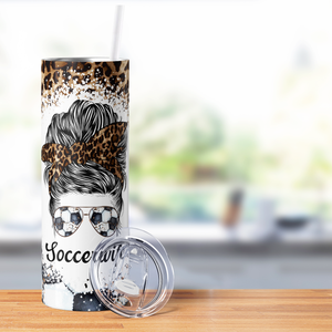 Soccer Wife Messy Bun Leopard Print 20oz Skinny Tumbler