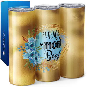 Wife Mom Boss Light Blue Gold 20oz Skinny Tumbler