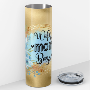 Wife Mom Boss Light Blue Gold 20oz Skinny Tumbler