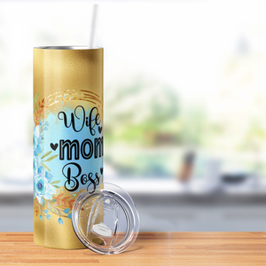 Wife Mom Boss Light Blue Gold 20oz Skinny Tumbler