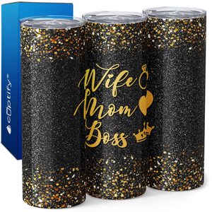 Wife Mom Boss on Black and Gold Glitter 20oz Skinny Tumbler