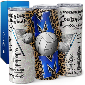 Blue Volleyball Mom with Leopard Print 20oz Skinny Tumbler