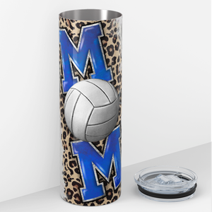 Blue Volleyball Mom with Leopard Print 20oz Skinny Tumbler