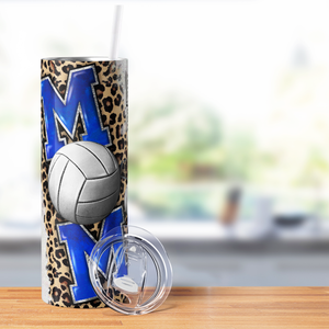 Blue Volleyball Mom with Leopard Print 20oz Skinny Tumbler