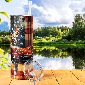 Deer Hunting American Flag 20oz Skinny Tumbler