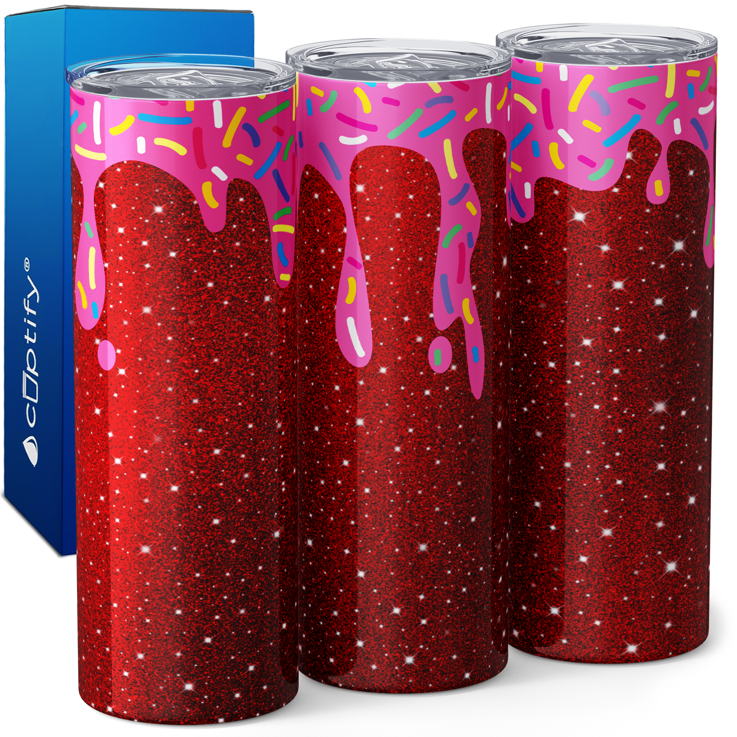 Dripping Donut Red Glitter 20oz Skinny Tumbler