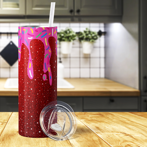 Dripping Donut Red Glitter 20oz Skinny Tumbler