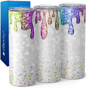 Rainbow Dripping White Glitter Donuts 20oz Skinny Tumbler