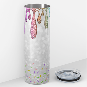 Rainbow Dripping White Glitter Donuts 20oz Skinny Tumbler