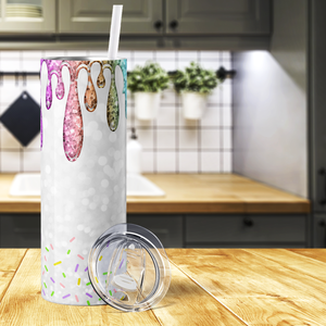 Rainbow Dripping White Glitter Donuts 20oz Skinny Tumbler