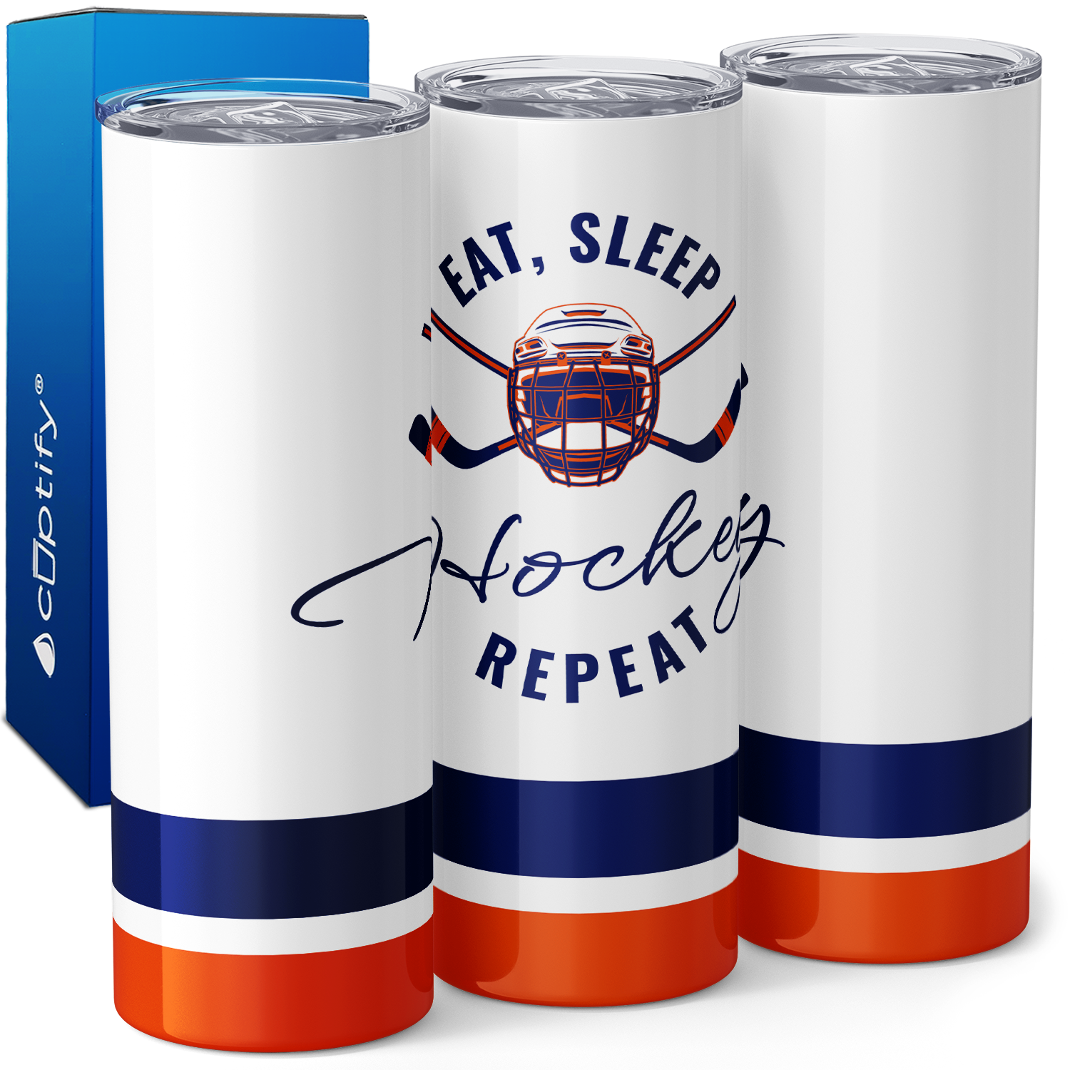 Eat Sleep Hockey Repeat Blue and Orange 20oz Skinny Tumbler