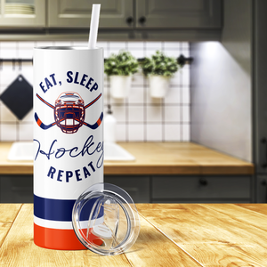 Eat Sleep Hockey Repeat Blue and Orange 20oz Skinny Tumbler