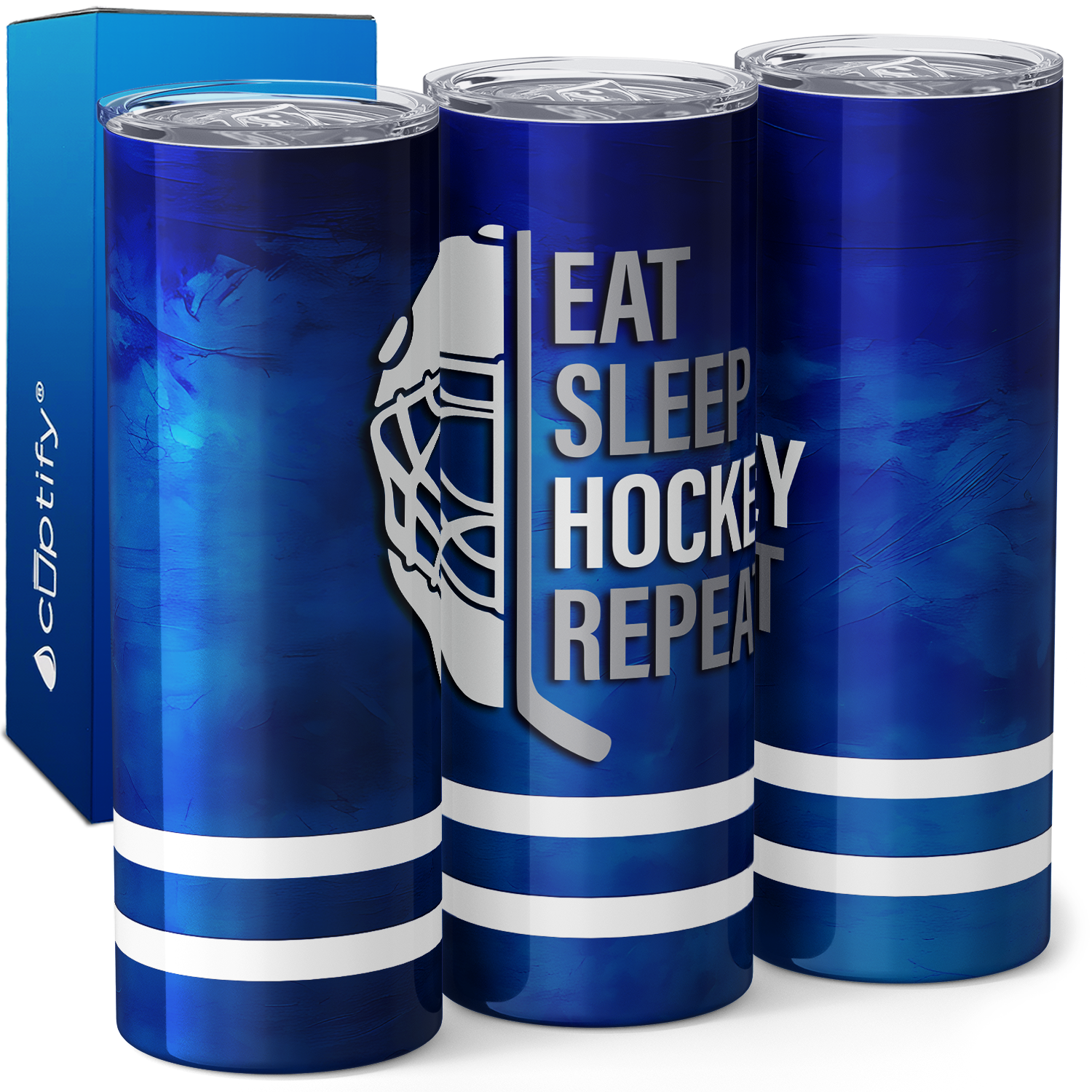 Eat Sleep Hockey Repeat Mask and Stick 20oz Skinny Tumbler