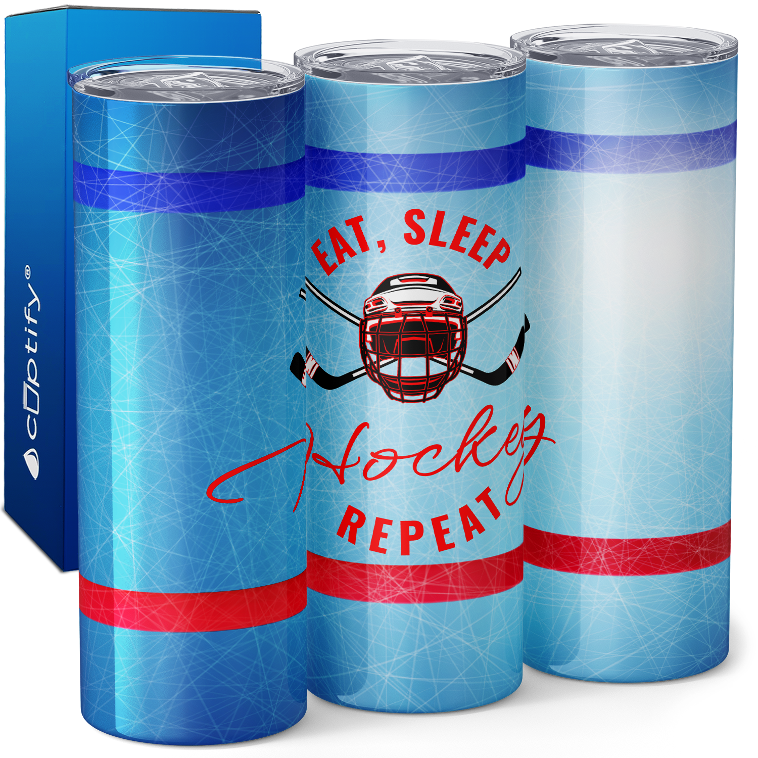 Eat Sleep Hockey Repeat Red and Blue 20oz Skinny Tumbler