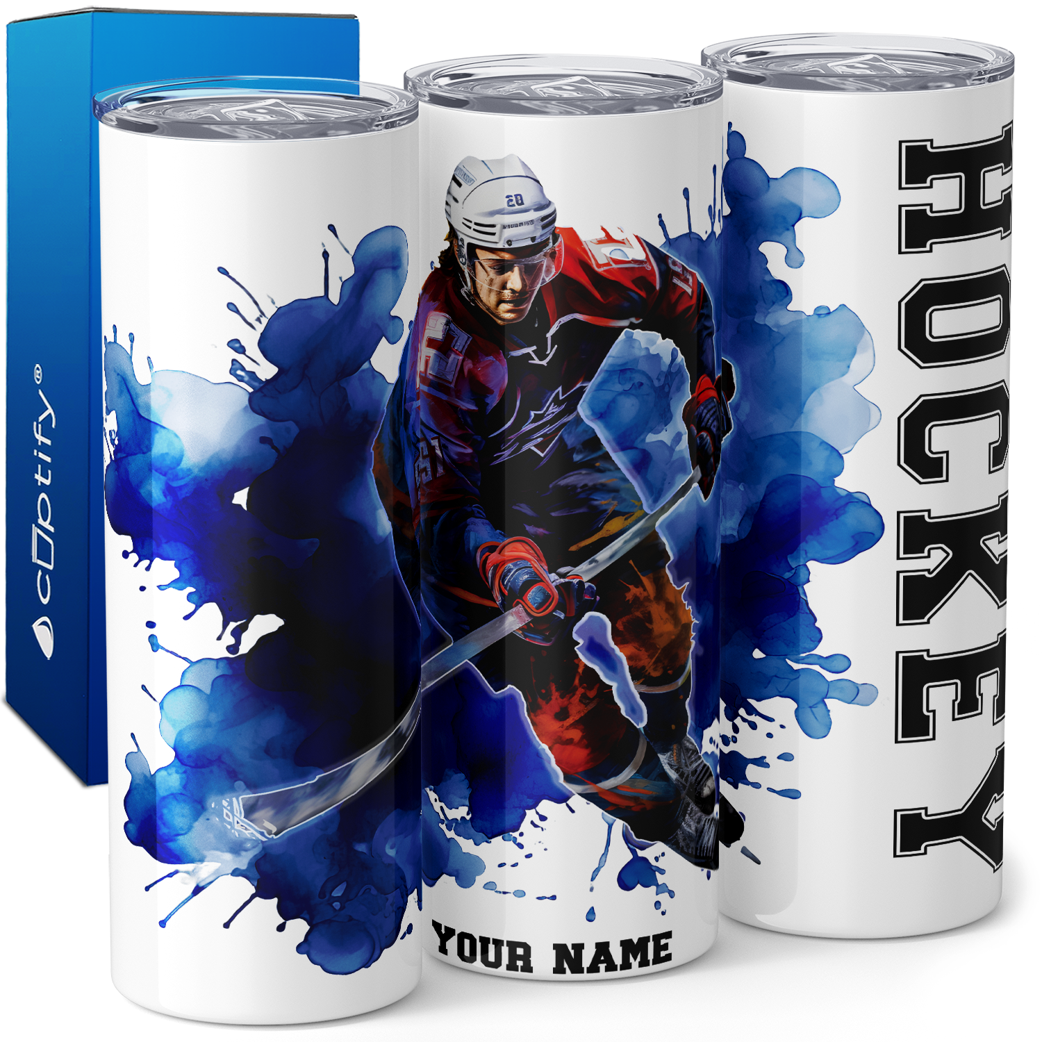 Personalized Hockey Player Splash Blue 20oz Skinny Tumbler