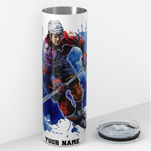 Personalized Hockey Player Splash Blue 20oz Skinny Tumbler