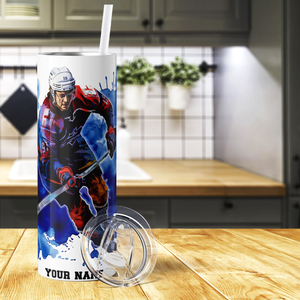 Personalized Hockey Player Splash Blue 20oz Skinny Tumbler