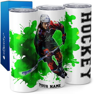 Personalized Hockey Player Splash Green 20oz Skinny Tumbler