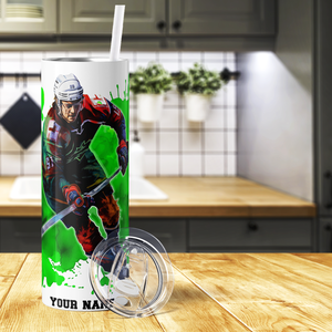 Personalized Hockey Player Splash Green 20oz Skinny Tumbler