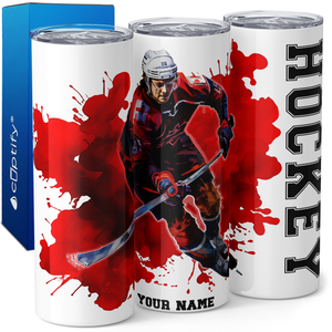 Personalized Hockey Player Splash Red 20oz Skinny Tumbler