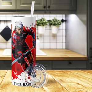 Personalized Hockey Player Splash Red 20oz Skinny Tumbler