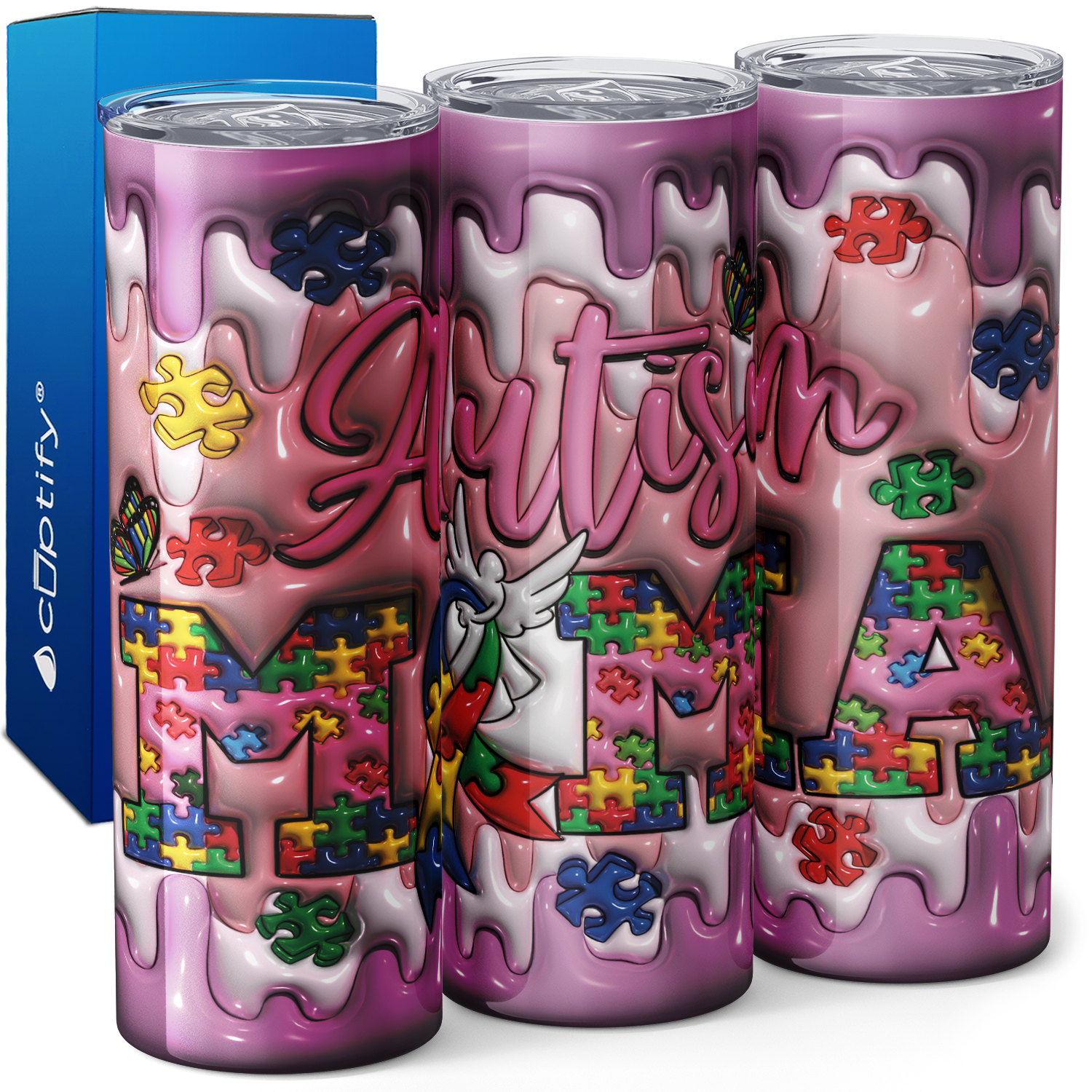 Autism Mama on Pink Inflated 20oz Skinny Tumbler