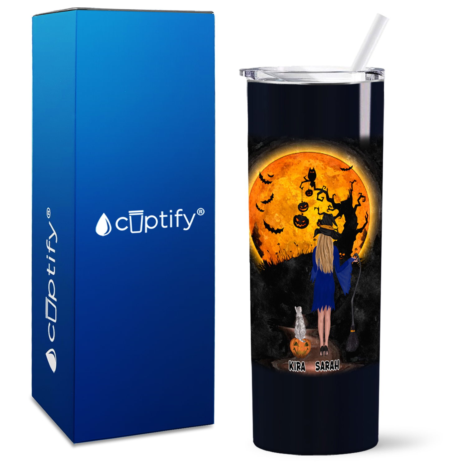 Personalized Halloween is Better with a Cat Witch with Broom on Black 20oz Halloween Skinny Tumbler