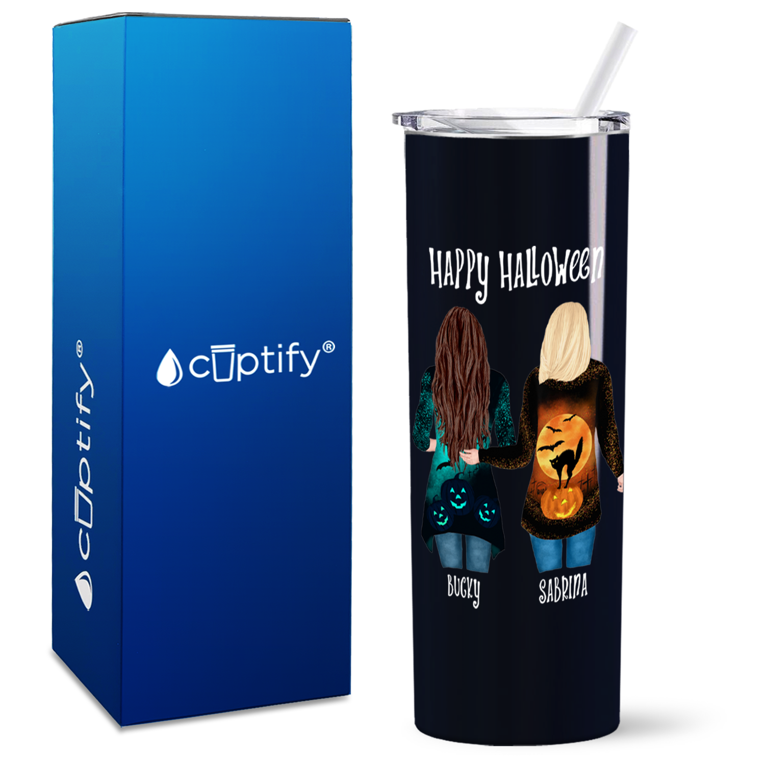 Personalized Happy Halloween Best Witches Besties on Black 20oz Halloween Skinny Tumbler